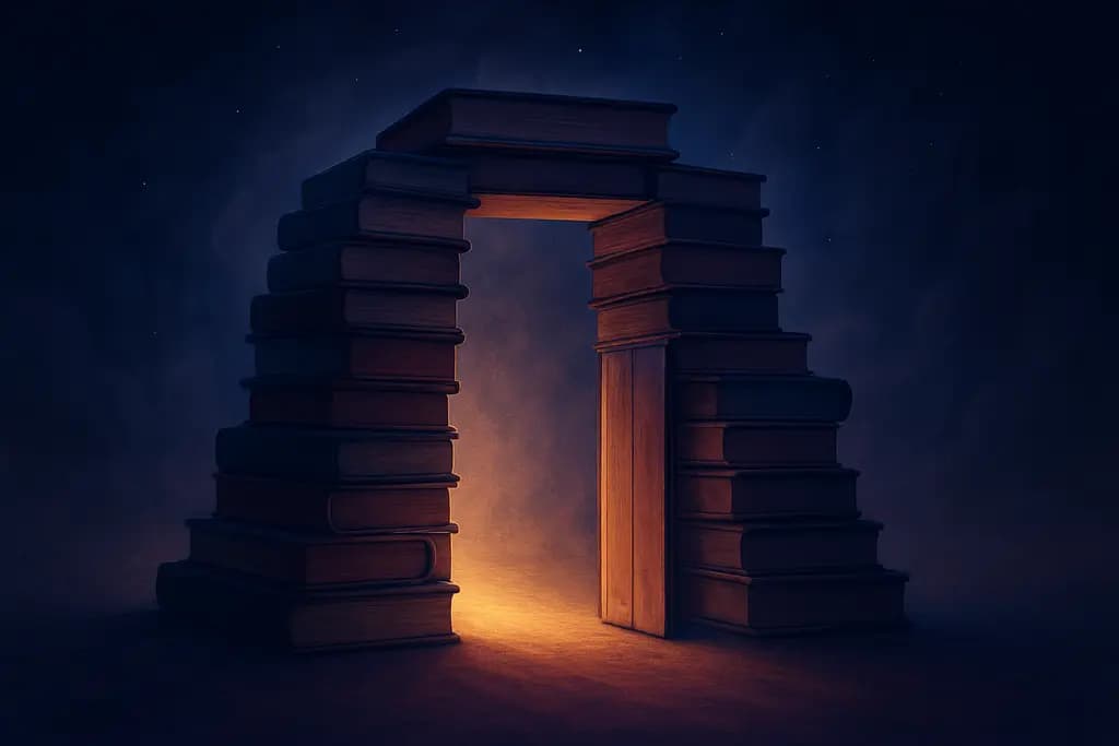 Dream illustration: A doorway made of books