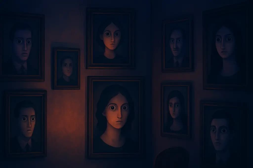 Dream illustration: A room full of portraits with eyes that follow you