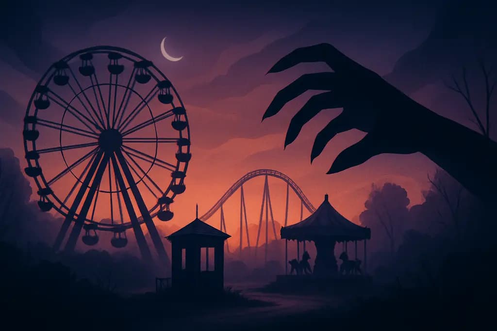 Dream illustration: abandoned amusement park at dusk attacking