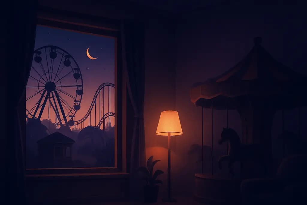 Dream illustration: abandoned amusement park at dusk in my house