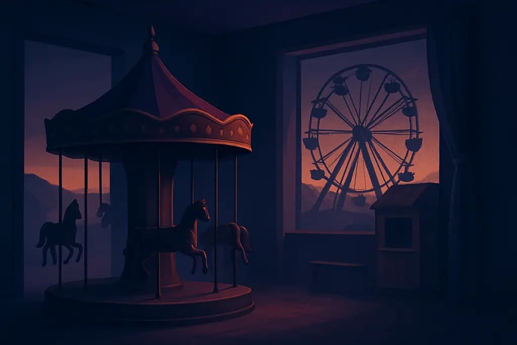Dream illustration: abandoned amusement park at dusk inside a house