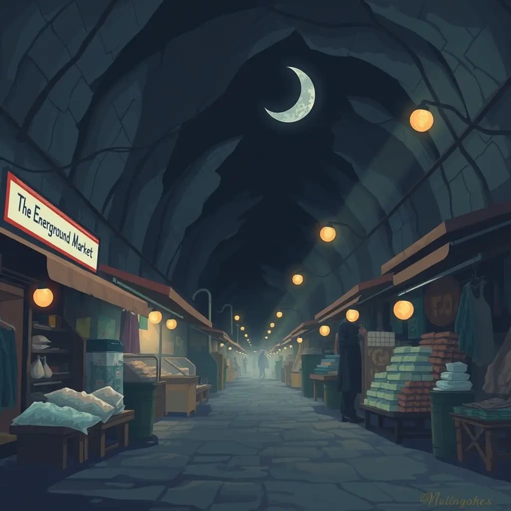 Dream illustration: An underground market at midnight