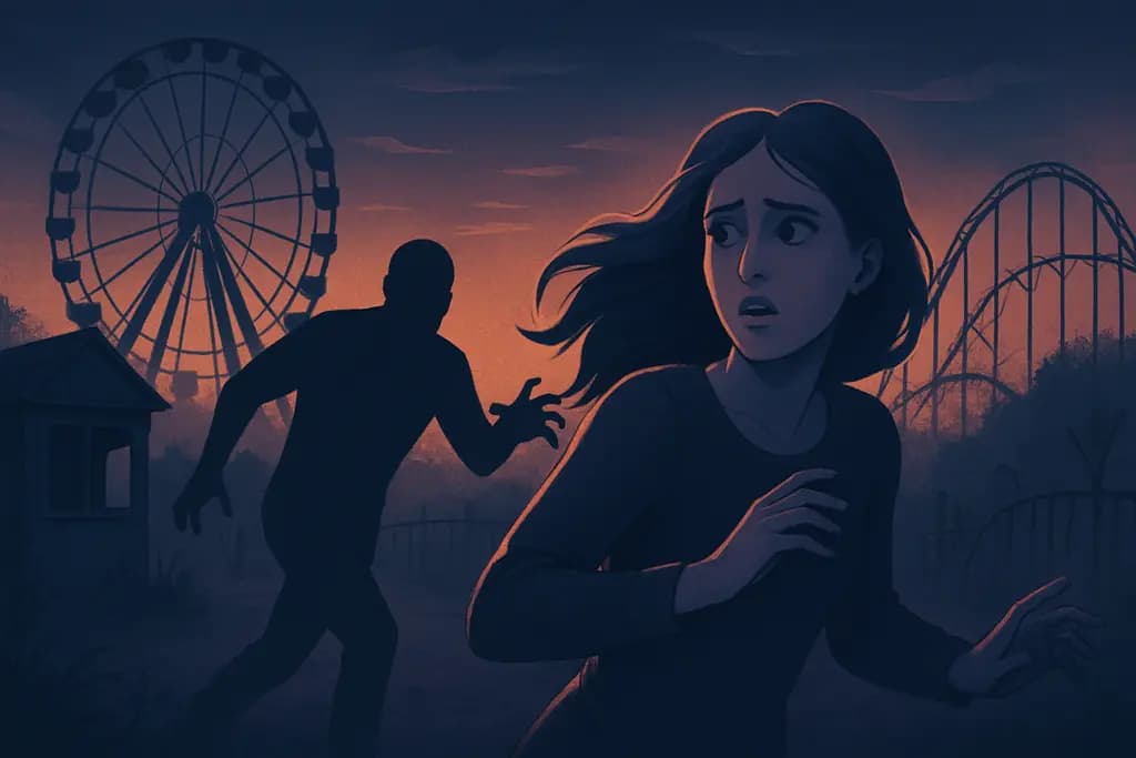 Dream illustration: attacked in an abandoned amusement park at dusk
