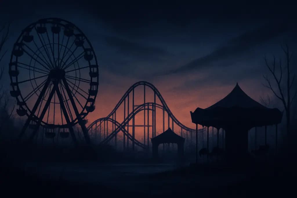 Dream illustration: black abandoned amusement park at dusk dream