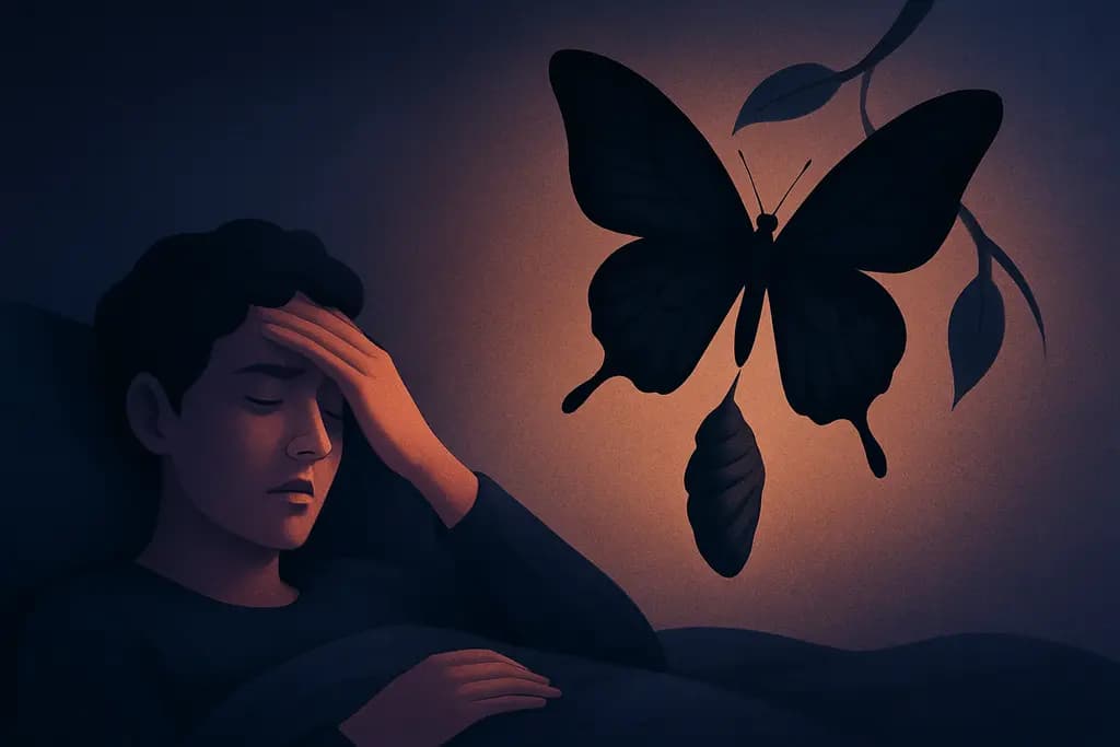 Dream illustration: black butterfly emerging from a cocoon chasing me nightmare
