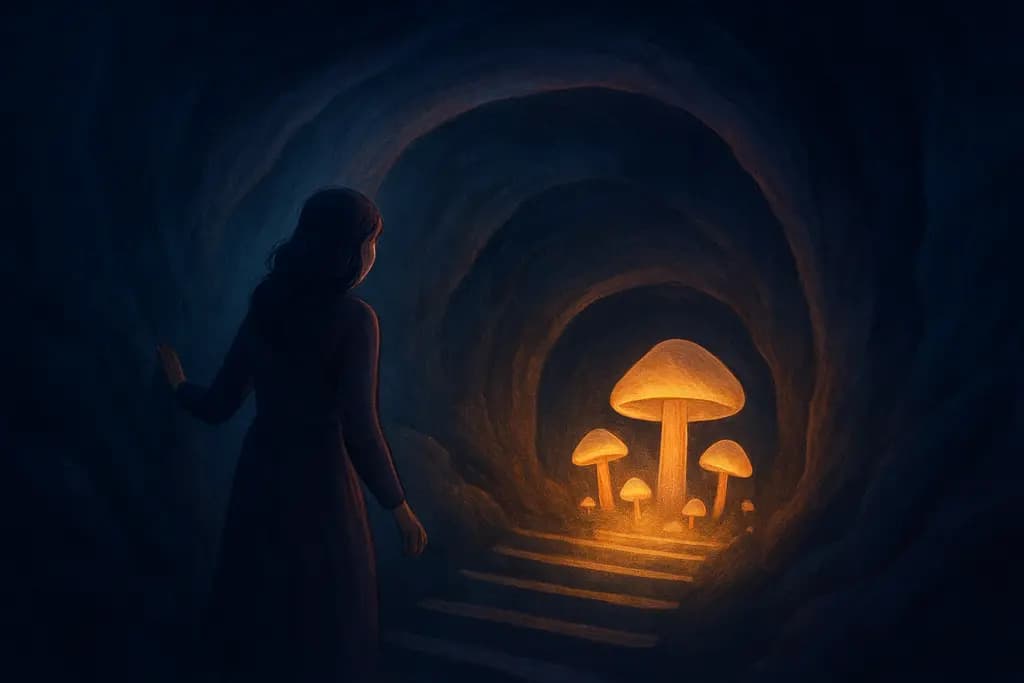 Dream illustration: Finding a staircase leading underground to glowing fungi