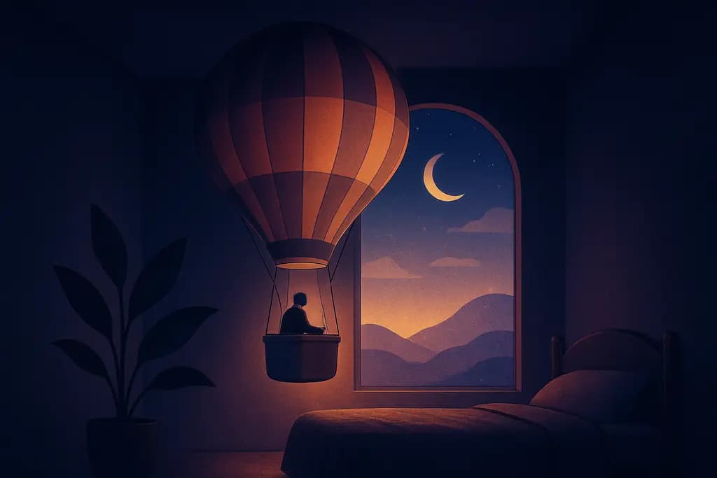 Dream illustration: hot air balloon ride in house