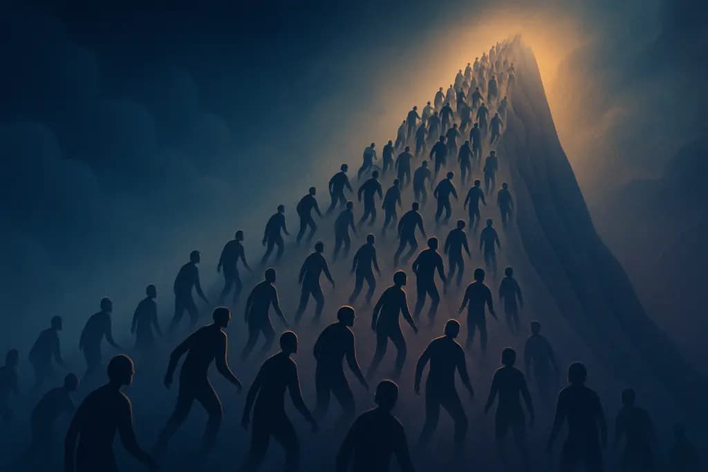 Dream illustration: hundreds of people climbing with no top in sight meaning