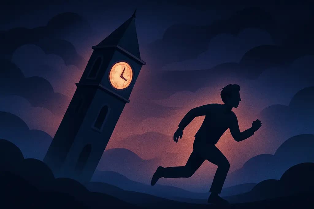 Dream illustration: leaning clock tower chasing me dream