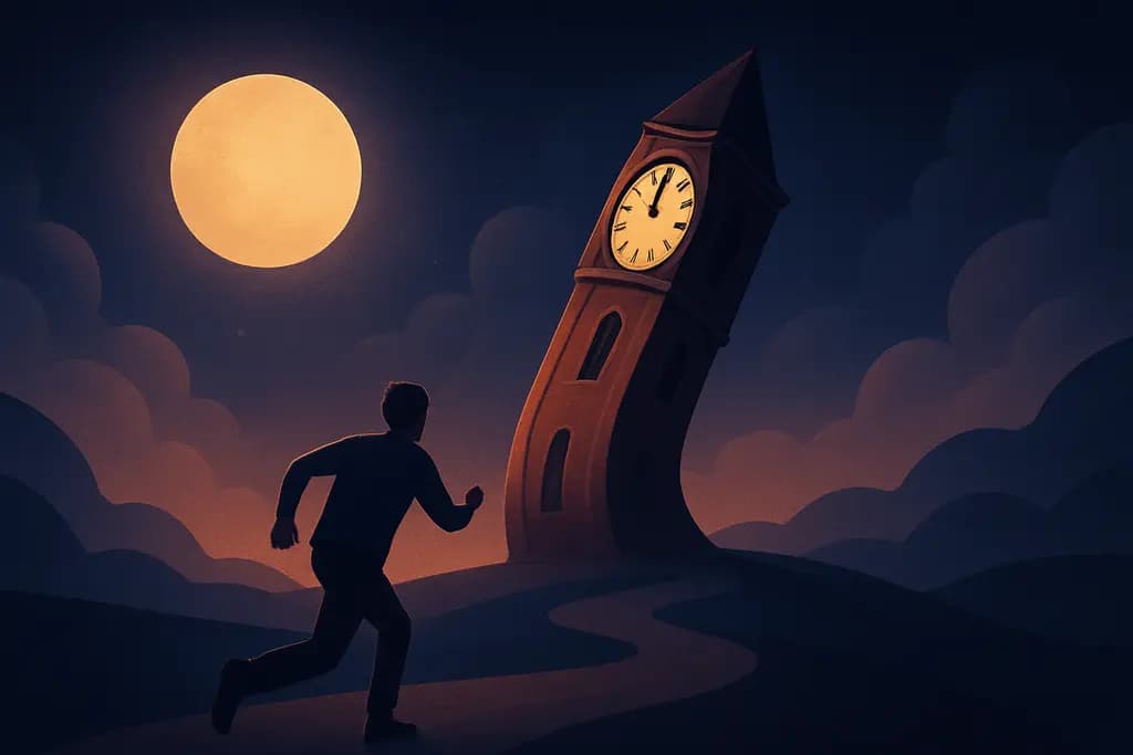 Dream illustration: leaning clock tower chasing me in dream