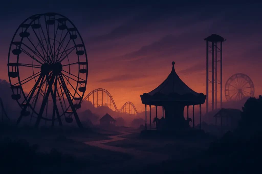 Dream illustration: many abandoned amusement parks at dusk