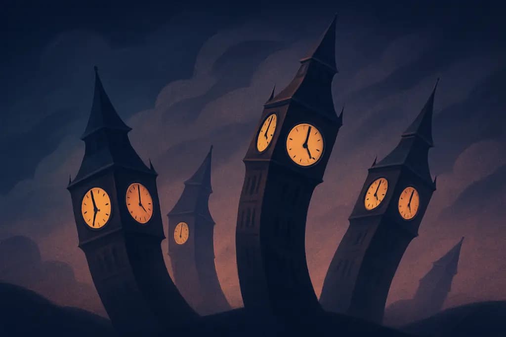 Dream illustration: many leaning clock towers dream interpretation