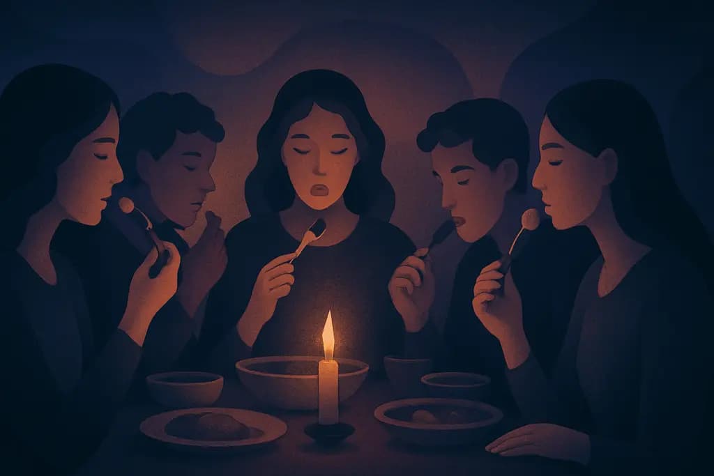 Dream illustration: many people eating unknown food dream meaning