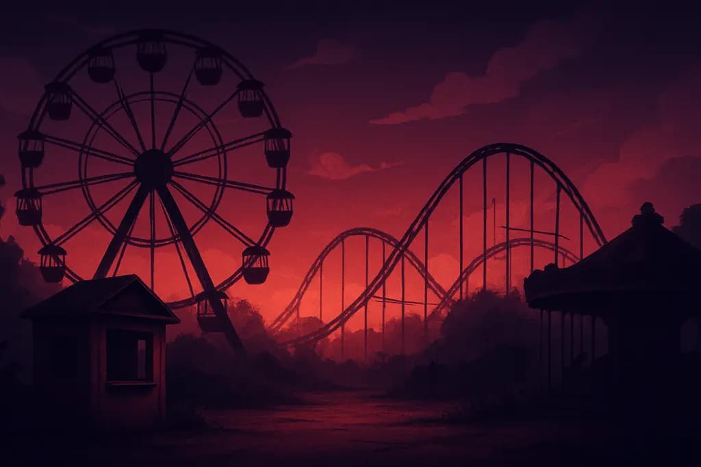 Dream illustration: red abandoned amusement park at dusk