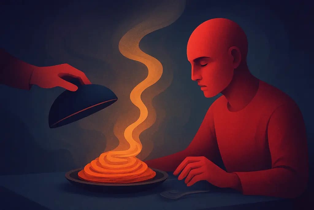 Dream illustration: red being served a meal that never finishes