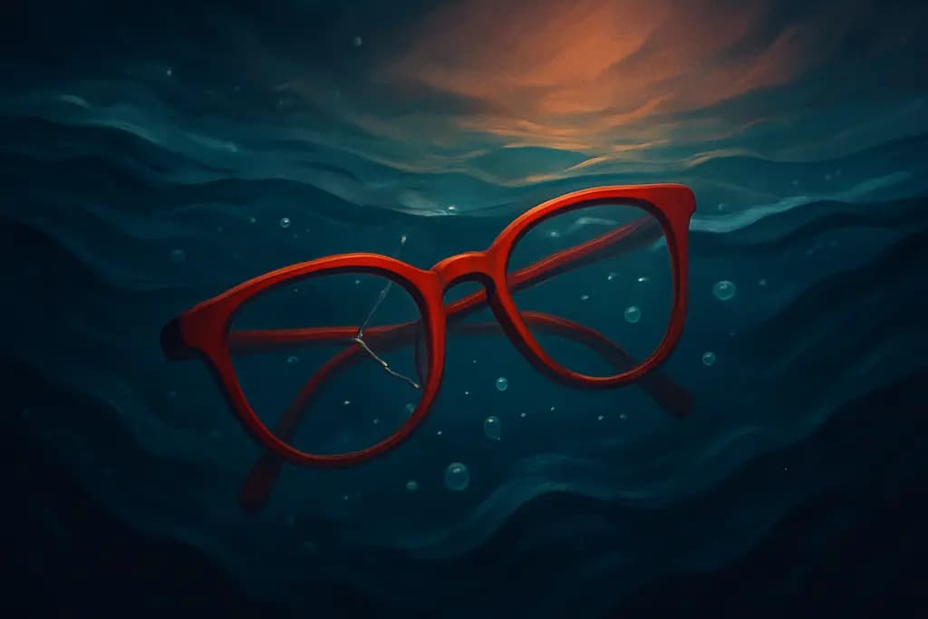 Dream illustration: red broken eyeglasses in water dream