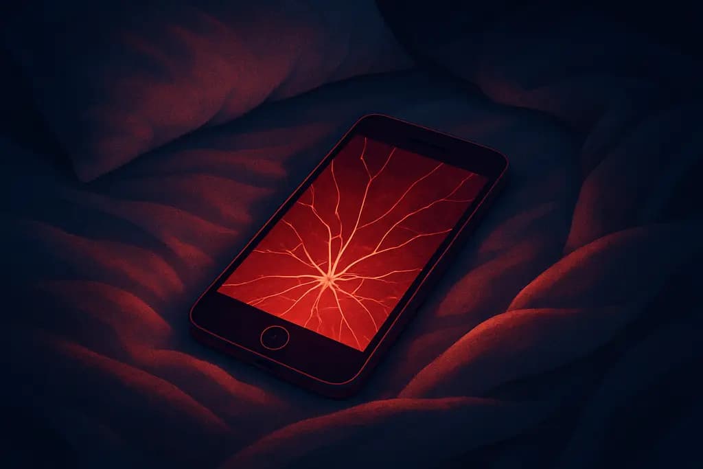 Dream illustration: red cracked smartphone screen in bed
