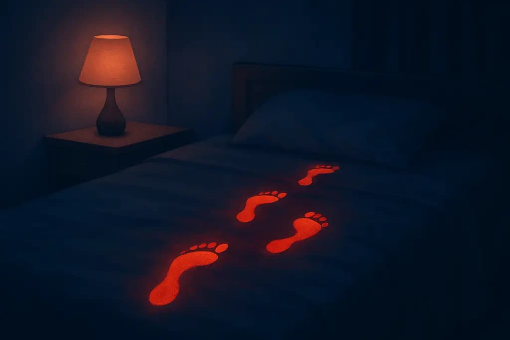 Dream illustration: red footsteps with no one visible in bed
