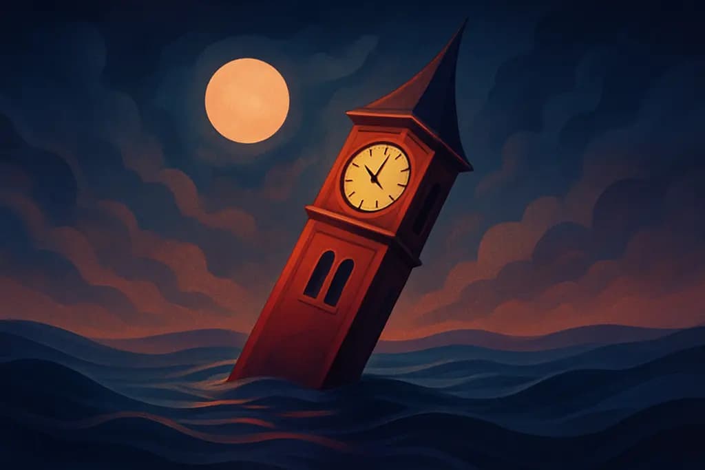 Dream illustration: red leaning clock tower in water dream
