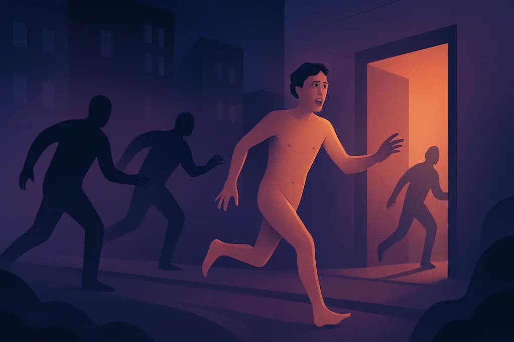 Dream illustration: standing naked in public chased in dream