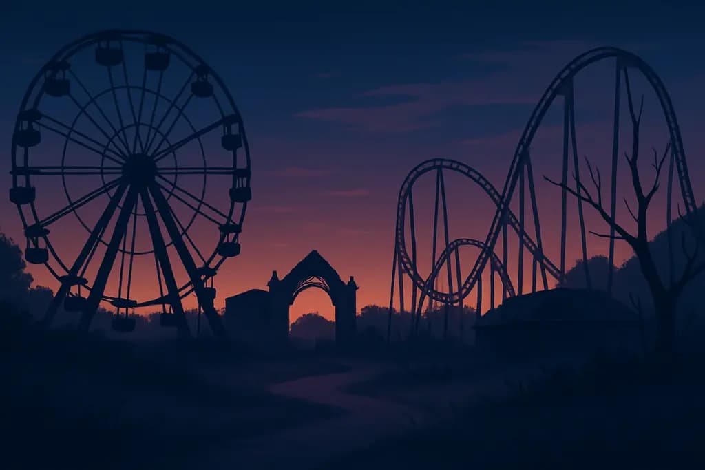 Dream illustration: two abandoned amusement parks at dusk