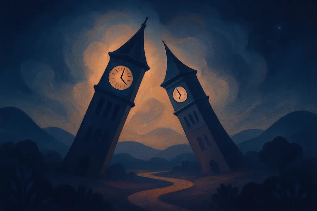Dream illustration: two leaning clock towers dream meaning