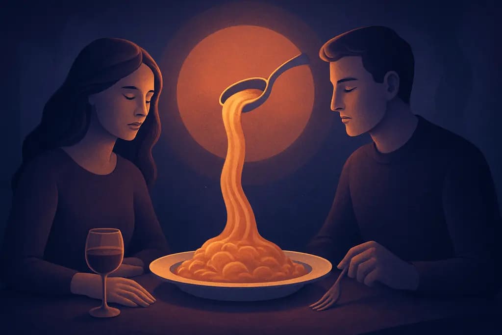 Dream illustration: two people being served a meal that never finishes