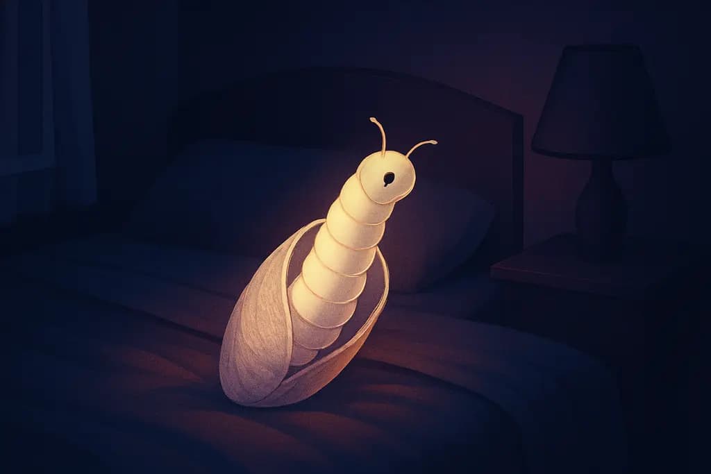Dream illustration: white caterpillar emerging from a cocoon in bed