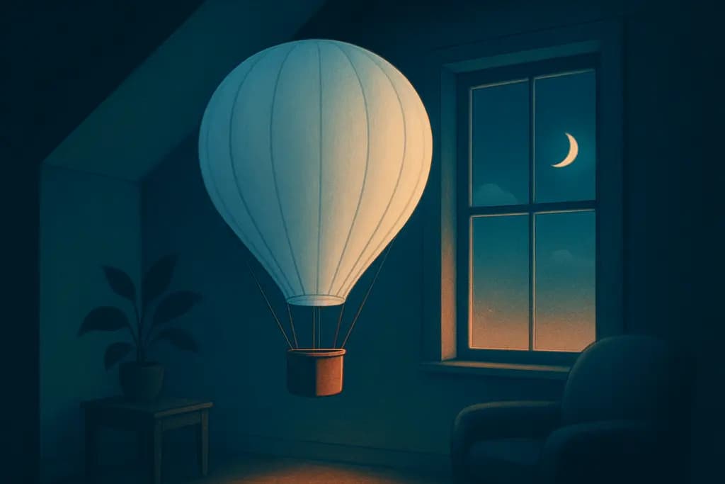 Dream illustration: white hot air balloon ride in house