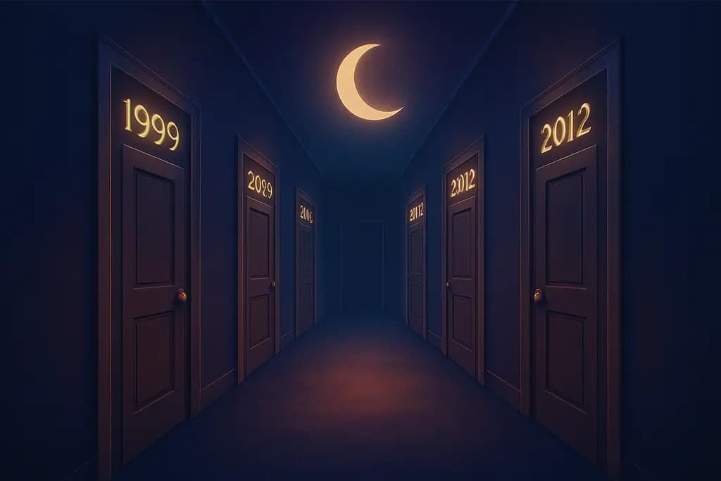 Dream illustration: A hallway lined with doors labeled by years