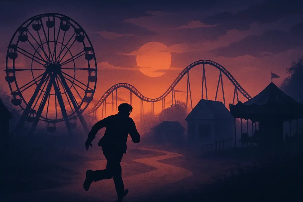 Dream illustration: abandoned amusement park at dusk chasing me in a dream