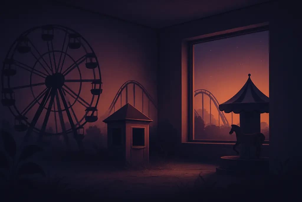 Dream illustration: abandoned amusement park at dusk in house