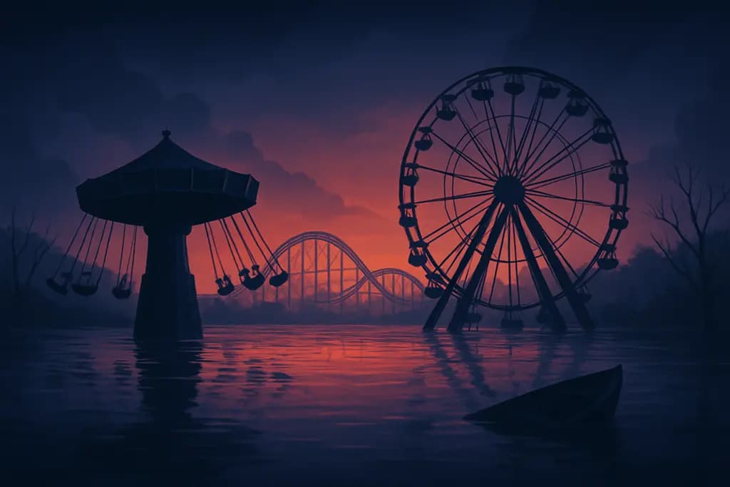 Dream illustration: abandoned amusement park at dusk in water
