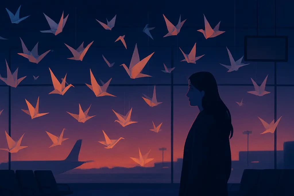 Dream illustration: Airport hall filled with paper birds
