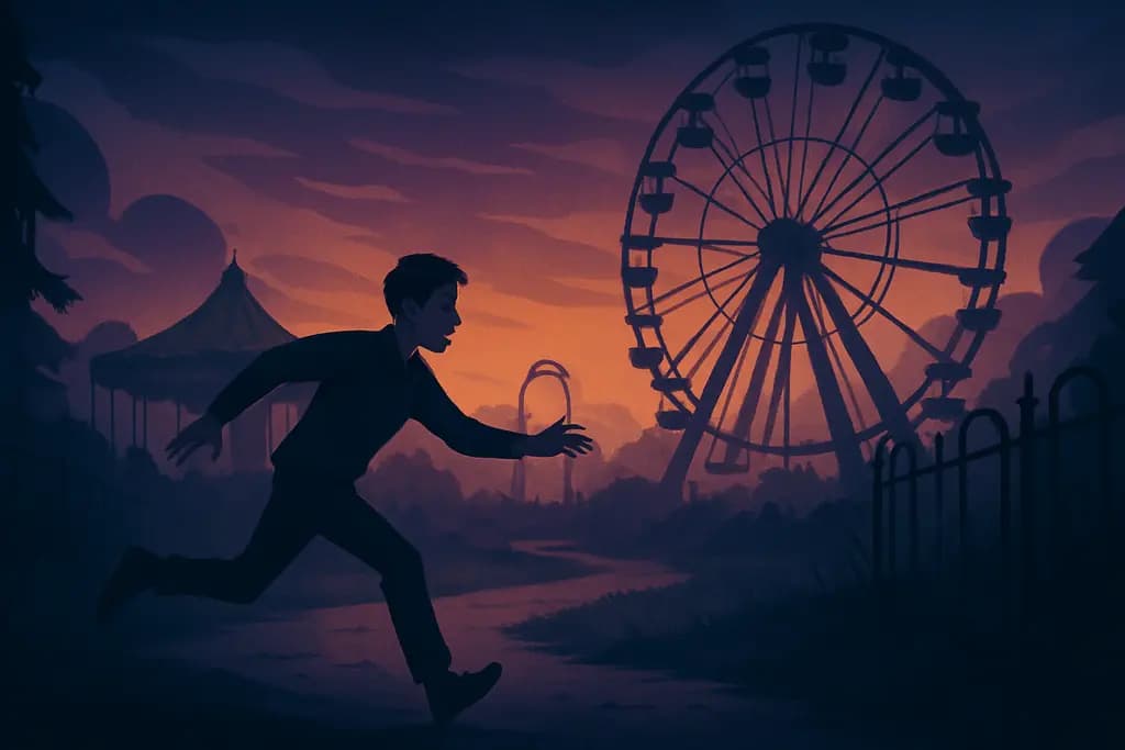 Dream illustration: being chased in an abandoned amusement park at dusk