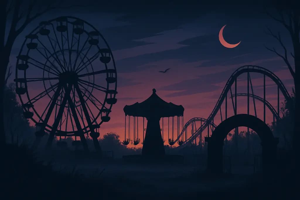 Dream illustration: black abandoned amusement park at dusk