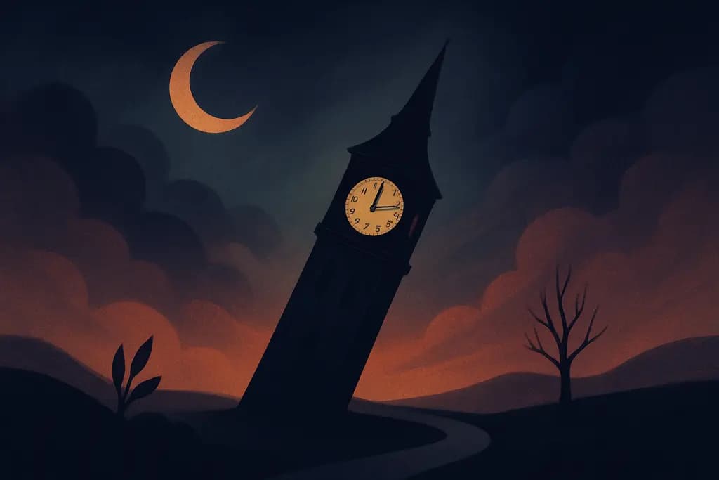 Dream illustration: black leaning clock tower dream meaning