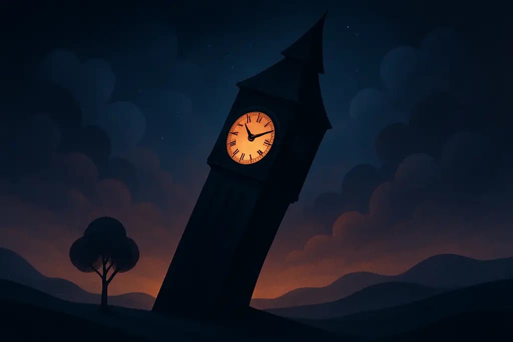 Dream illustration: black leaning clock tower dream