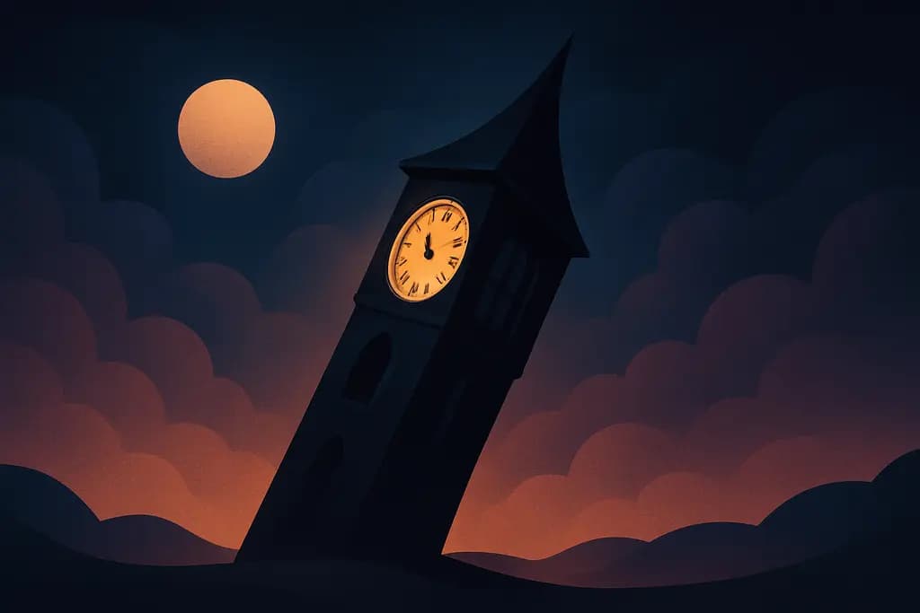 Dream illustration: black leaning clock tower