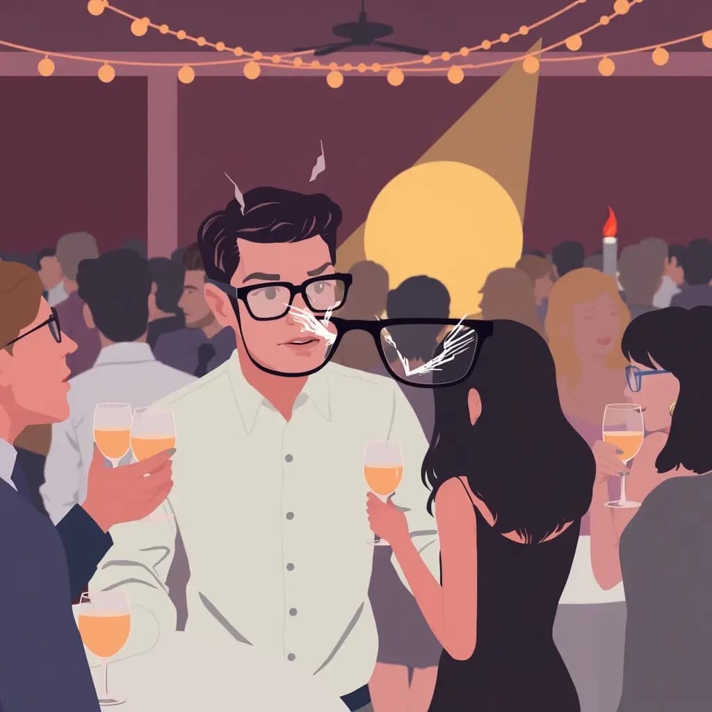 Dream illustration: Broken eyeglasses at party