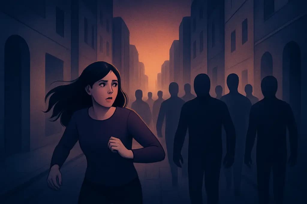 Dream illustration: Chased by a faceless crowd down endless streets