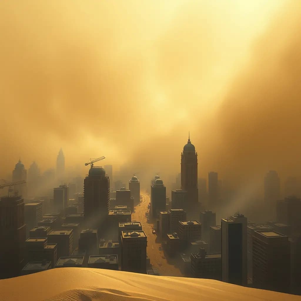 Dream illustration: City under rolling sandstorm