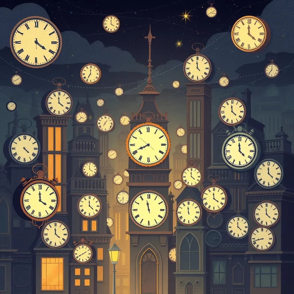 Dream illustration: City where all clocks show different times