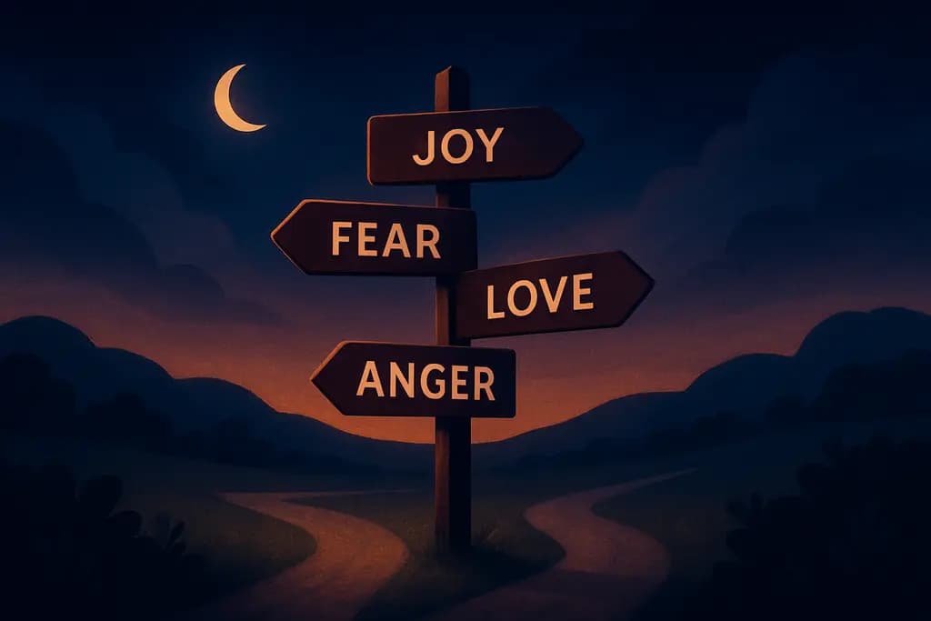 Dream illustration: Crossroads with signposts pointing to emotions