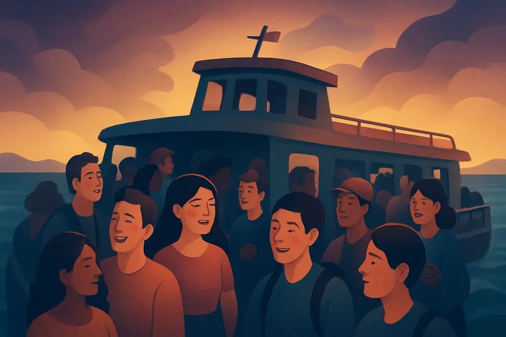 Dream illustration: Crowded ferry with cheerful people