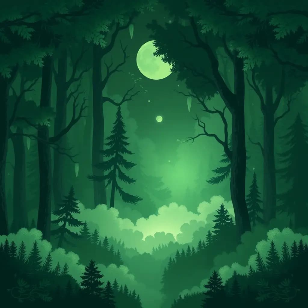 Dream illustration: Deep green forest hue throughout