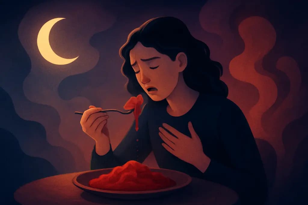 Dream illustration: eating red unknown food and getting sick in a dream
