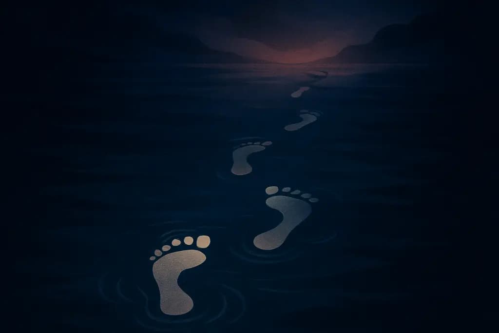 Dream illustration: footsteps with no one visible in water