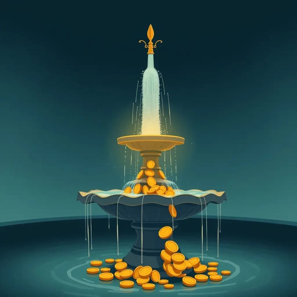 Dream illustration: Fountain pours coins backward