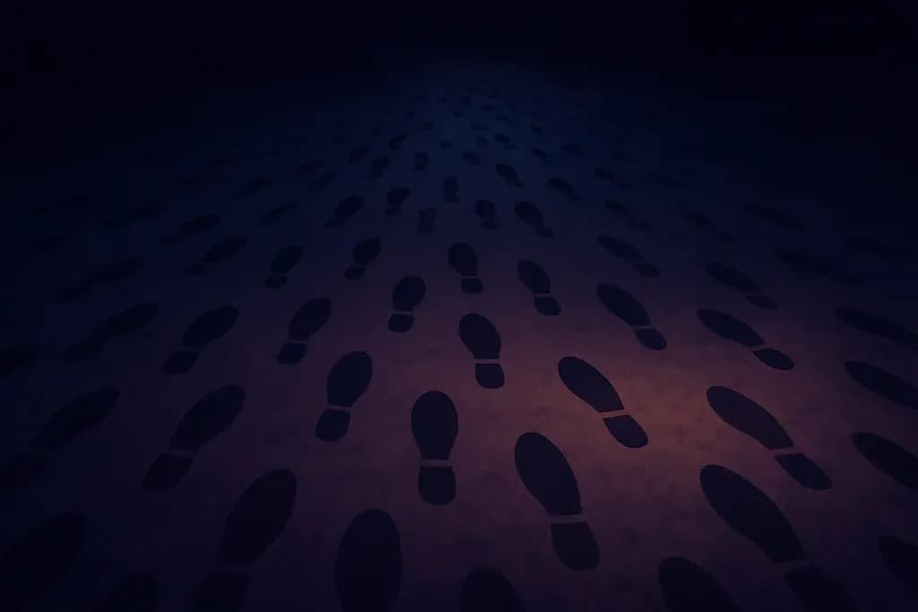 Dream illustration: hundreds of footsteps with no one visible at night
